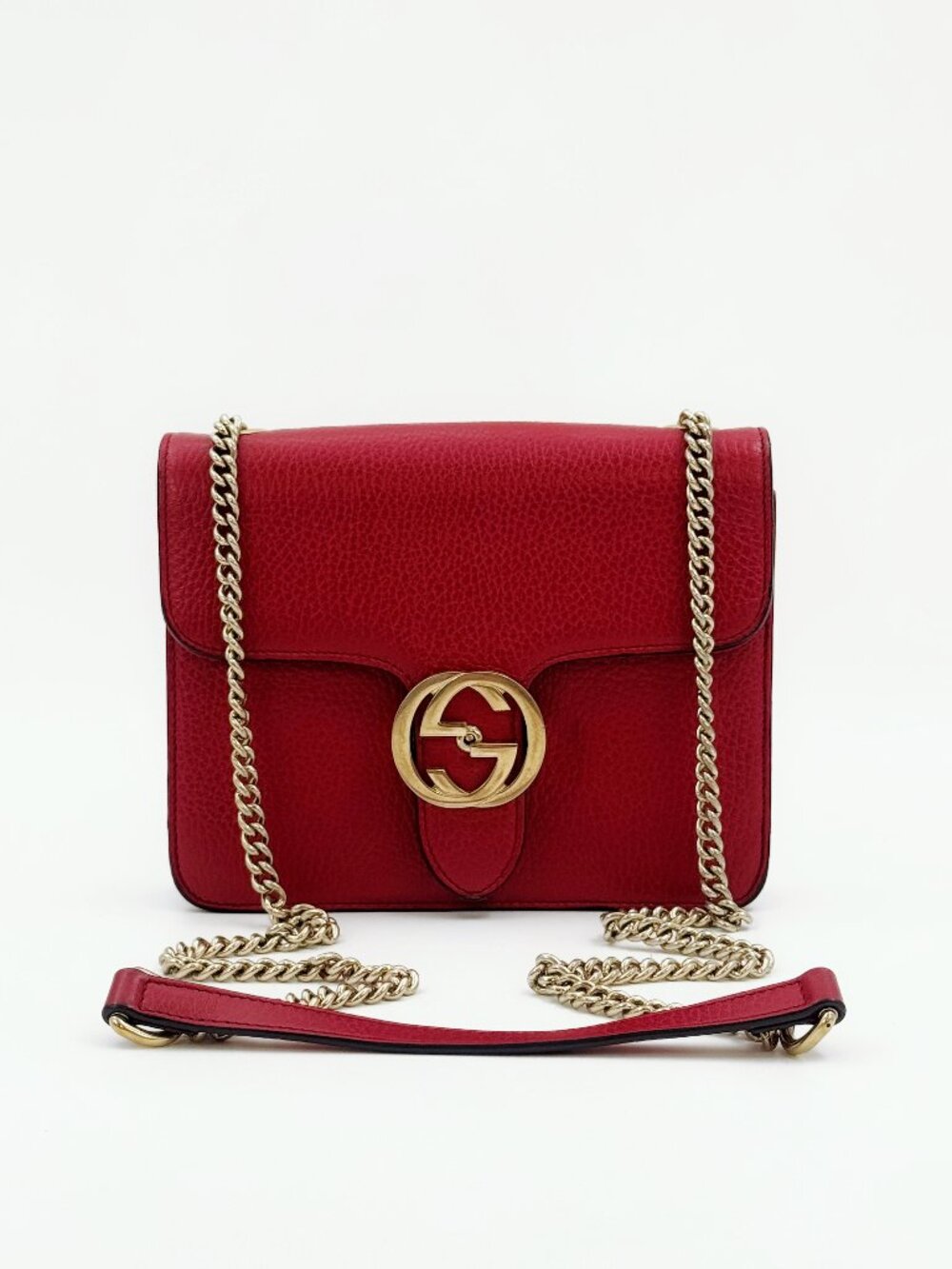 Gucci Interlocking G Red Calfskin Leather Chain Shoulder Bag